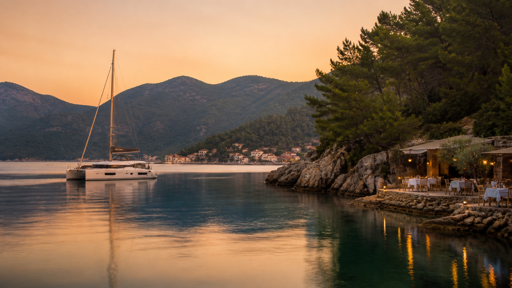 Modern catamaran anchored in a peaceful Turkish bay at sunset with pine-covered hills and waterside dining ashore.