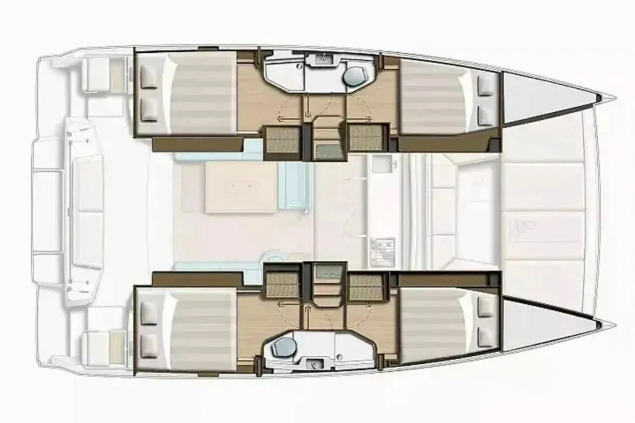Floor plan of a boat with two symmetrical sections, each containing a bedroom, a bathroom, and a stairway, with a shared central living and kitchen area.