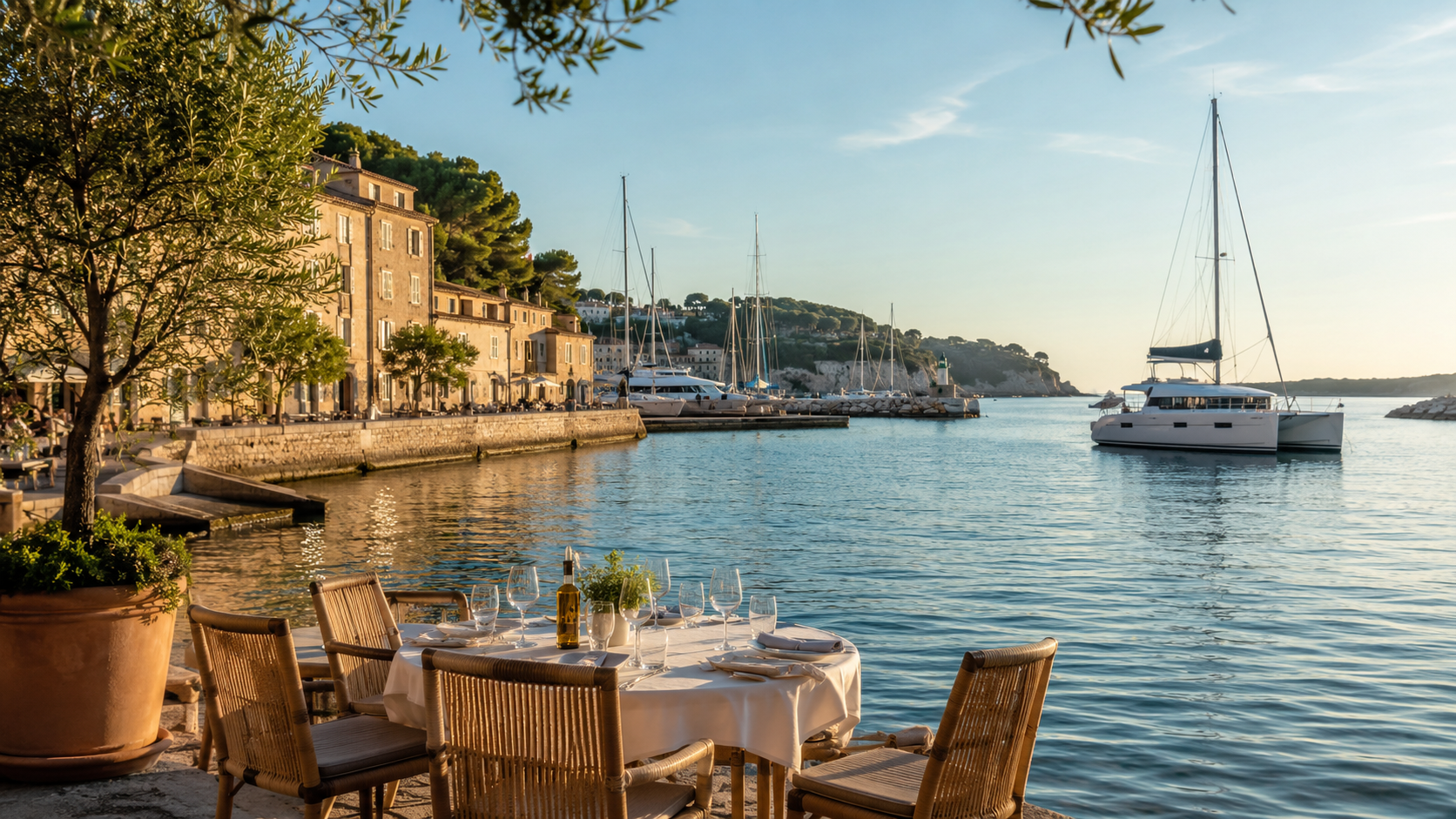 Elegant Provençal harbour scene with waterfront dining and a catamaran in southern France