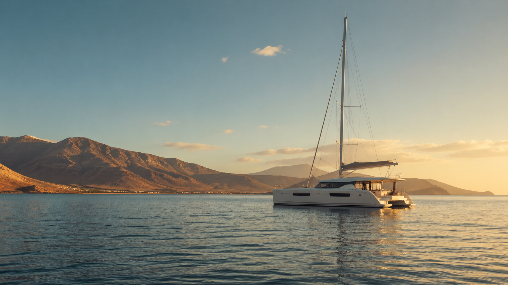 Modern catamaran anchored in calm Atlantic waters near the volcanic coastline of Lanzarote and Fuerteventura at golden hour.