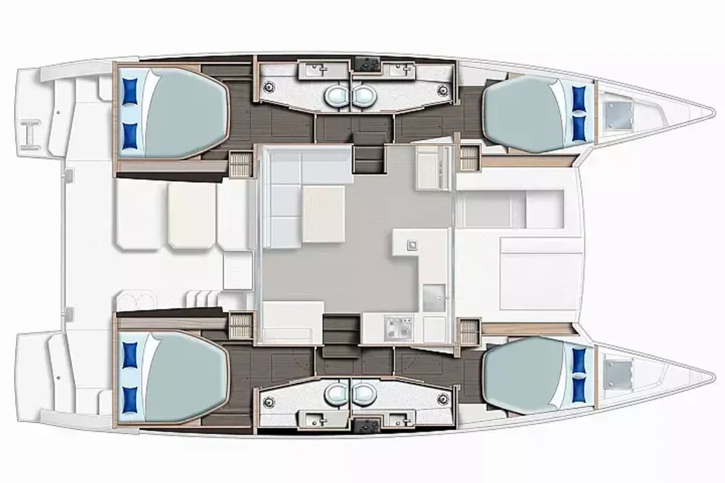 Floor plan of a yacht with four bedrooms, two on each side, connected by a central living area and bathrooms.