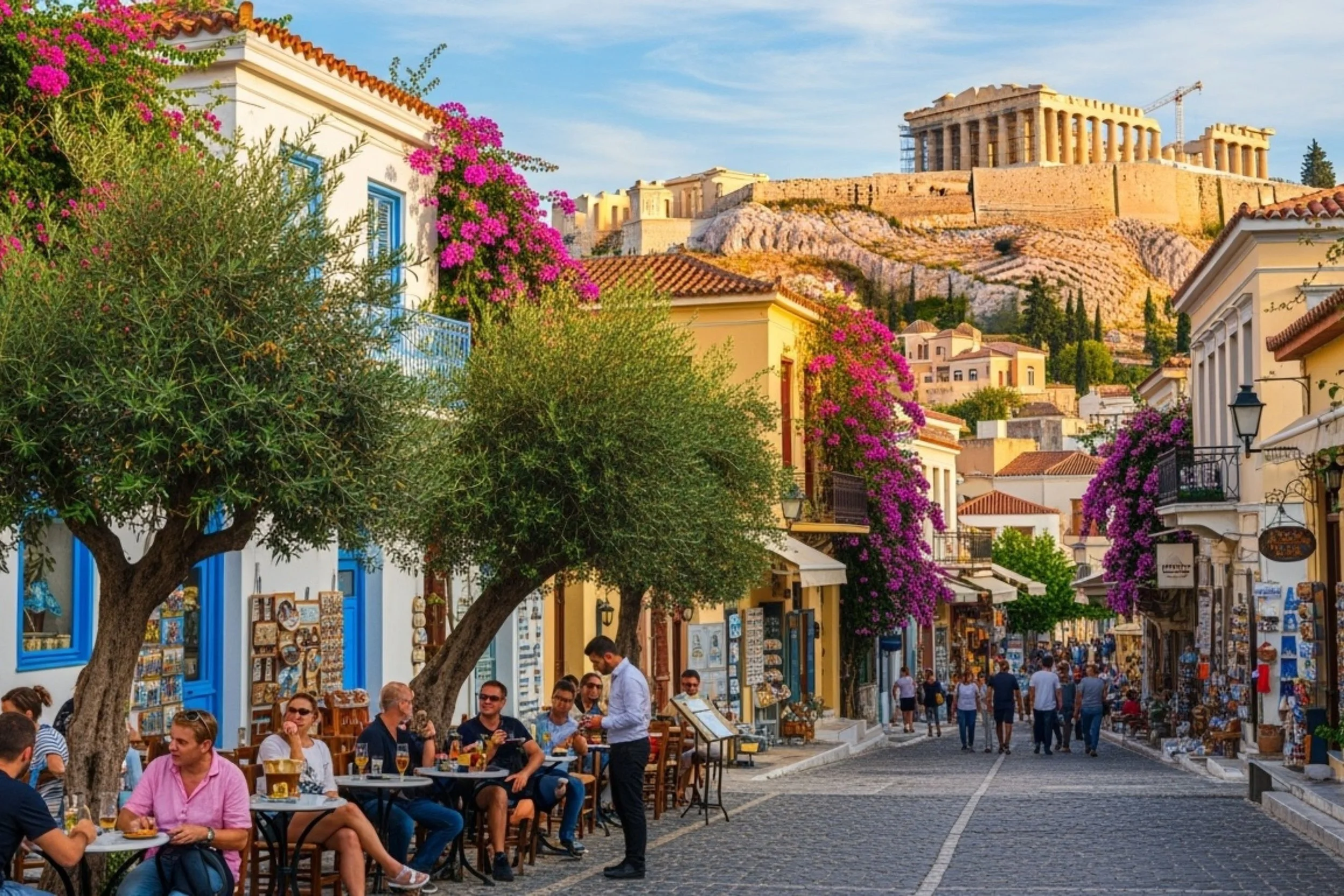 A lively street scene in Athens, Greece, with outdoor cafes, vibrant pink bougainvillea on white buildings, and the Parthenon atop the Acropolis in the background under a blue sky.
