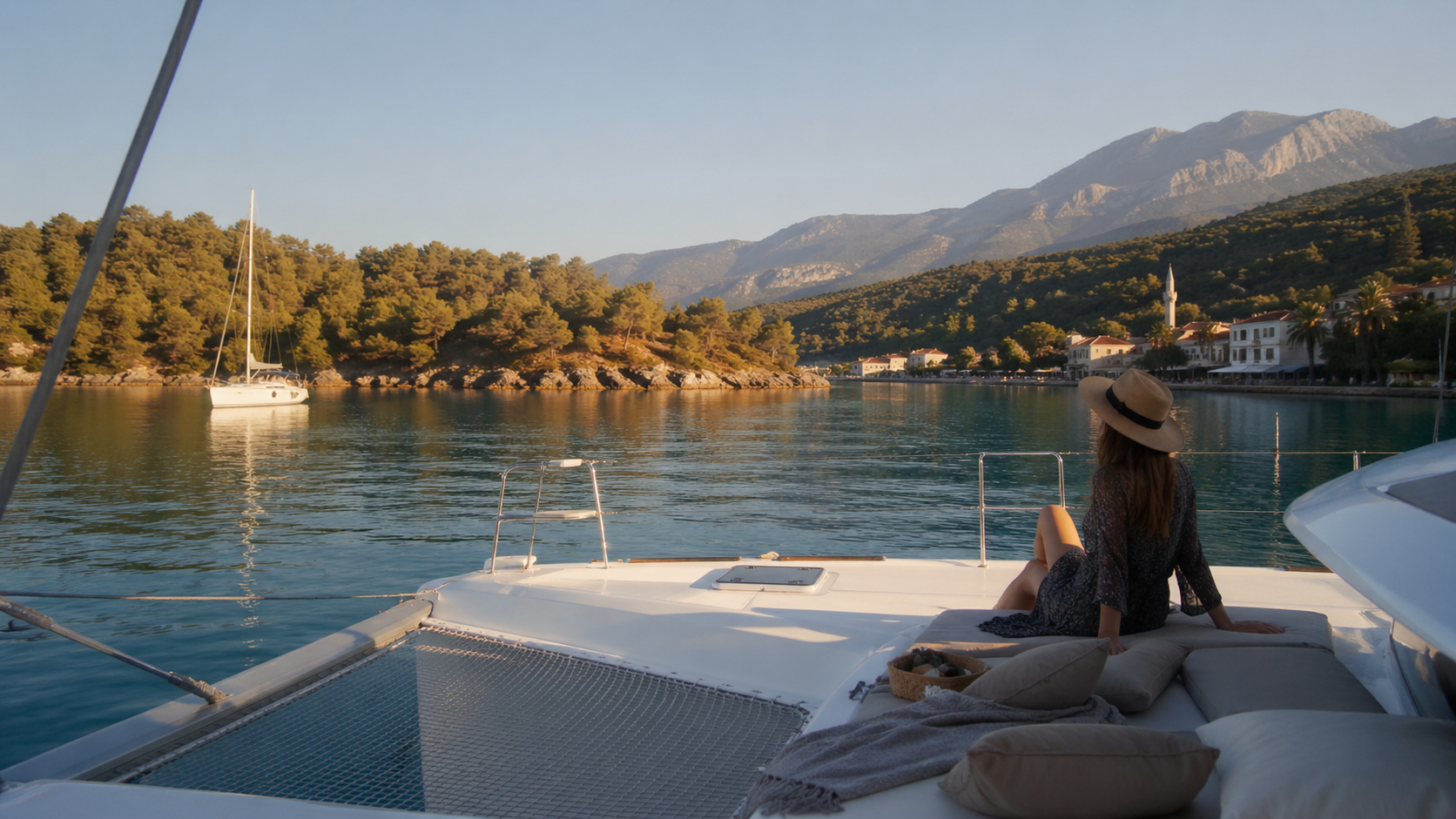 Modern catamaran overlooking a quiet bay on Turkey’s Turquoise Coast, with clear water, pine-clad hills and a peaceful coastal village.