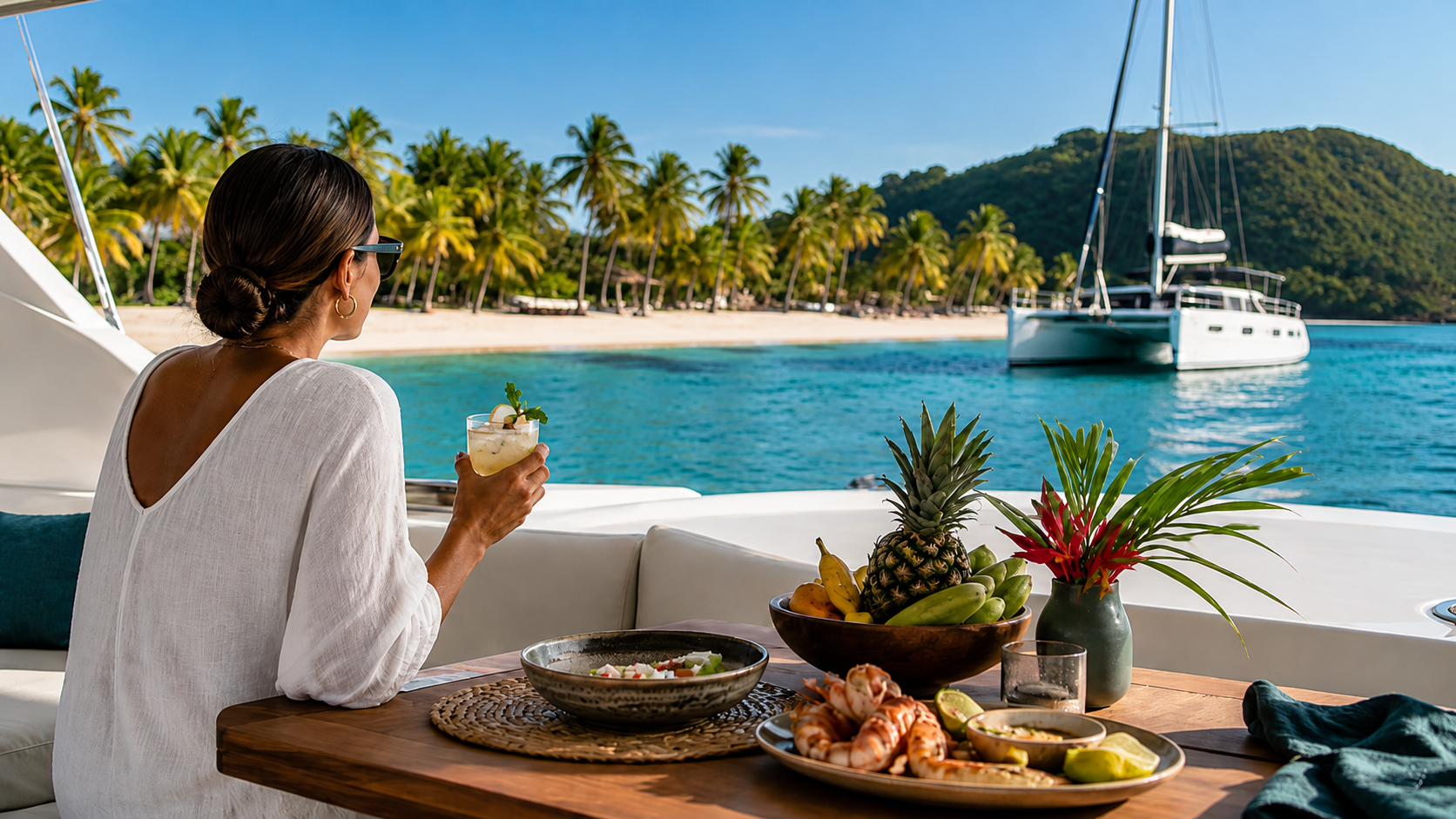 Relaxed dining aboard a modern Caribbean catamaran with tropical fruit, seafood, turquoise water and a palm-fringed island shore.