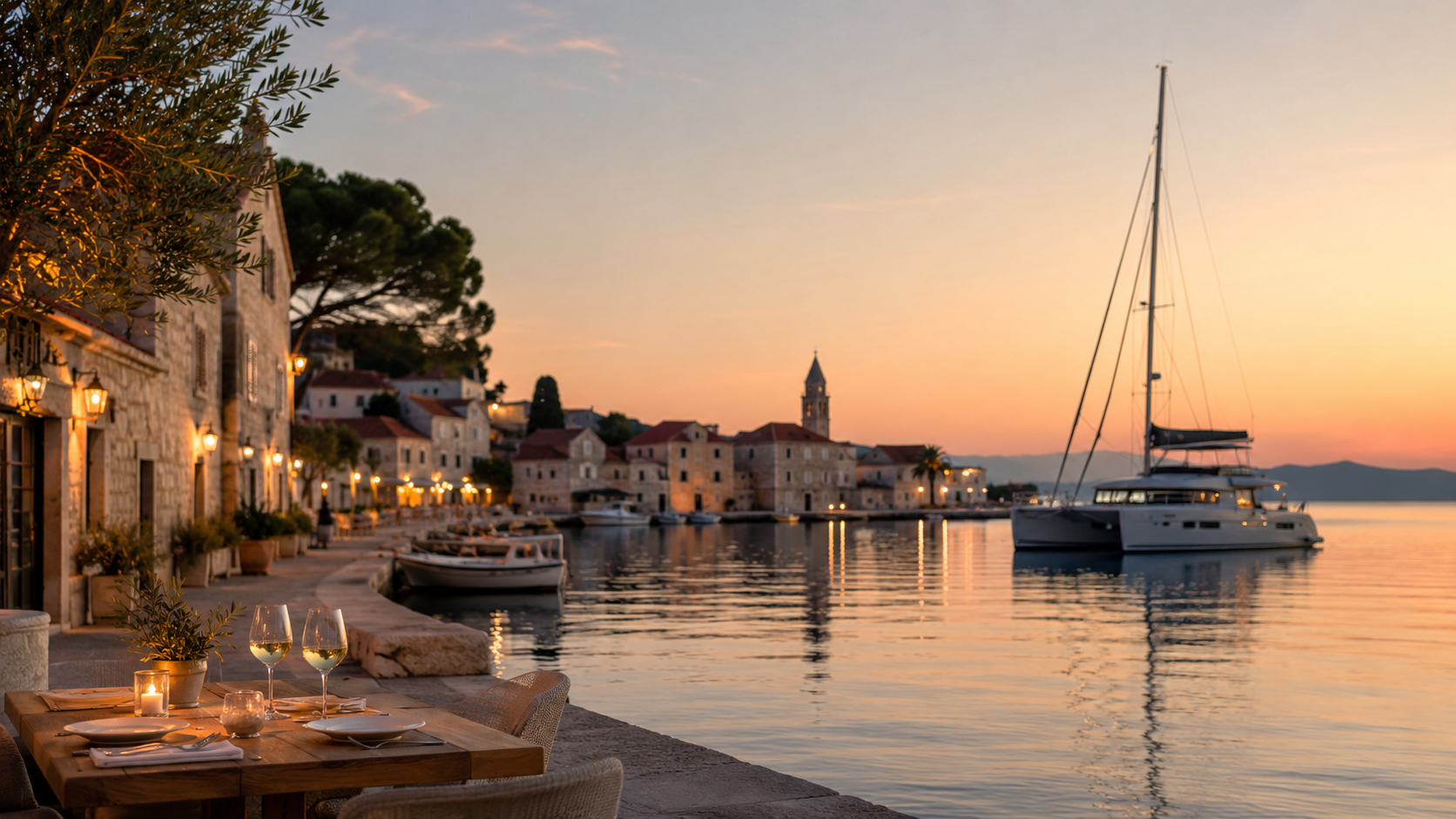 Quiet Croatian island harbour at evening with warm waterfront restaurant lights, calm Adriatic water and a modern catamaran nearby.