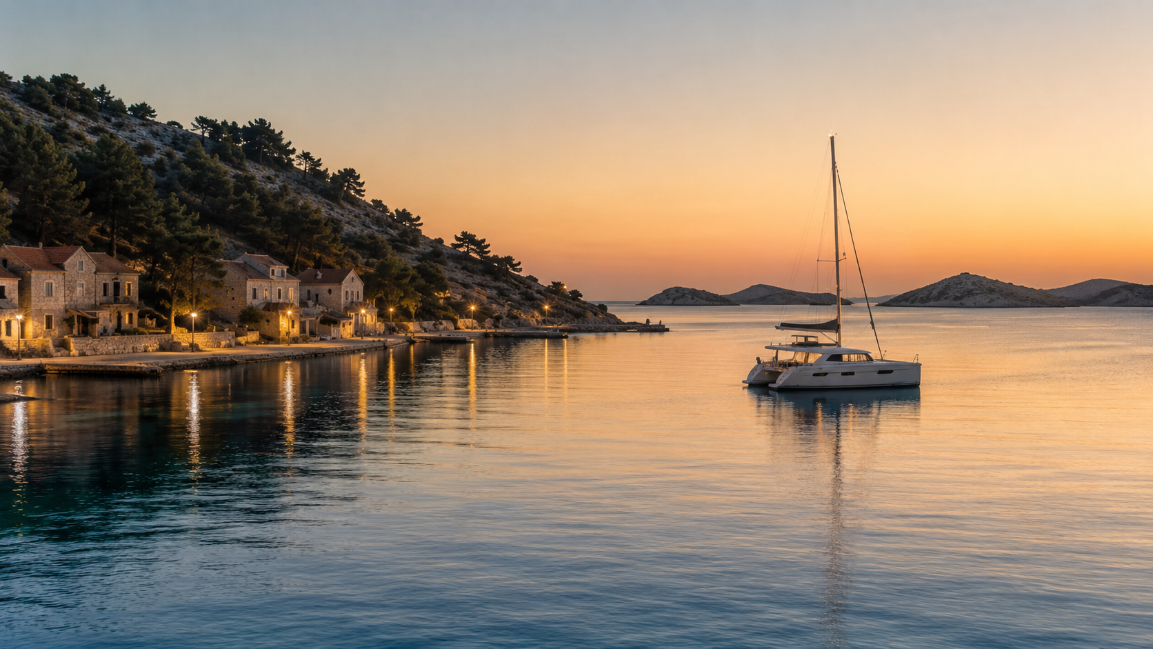 Modern catamaran at rest in a quiet Northern Dalmatia anchorage at sunset with calm Adriatic water and pale island hills.