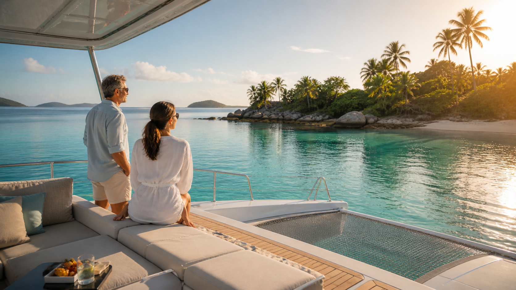Elegant couple aboard a modern catamaran overlooking a calm Caribbean anchorage with turquoise water and palm-fringed shoreline