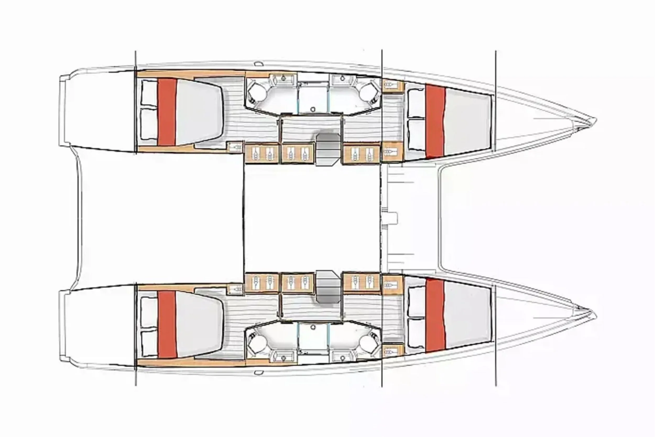 Top view of a yacht floor plan showing four bedrooms with two bathrooms and a central open area, with two symmetrical sleeping areas and a staircase in the middle.