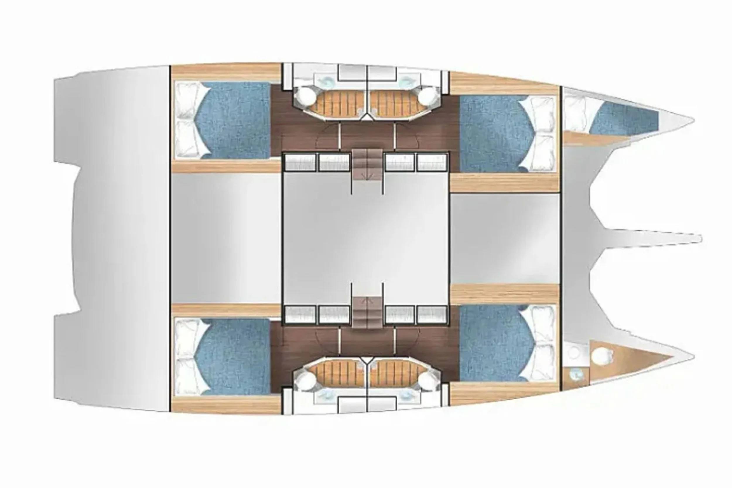 Top view of a yacht interior layout showing four bedrooms, two on each side, with beds and small seating areas, and a central corridor with stairs.