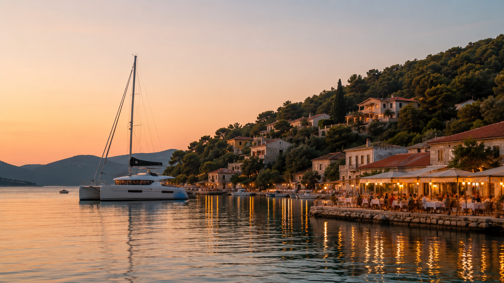 Modern catamaran at anchor near a peaceful harbour on Turkey’s Turquoise Coast with softly lit waterfront restaurants at sunset