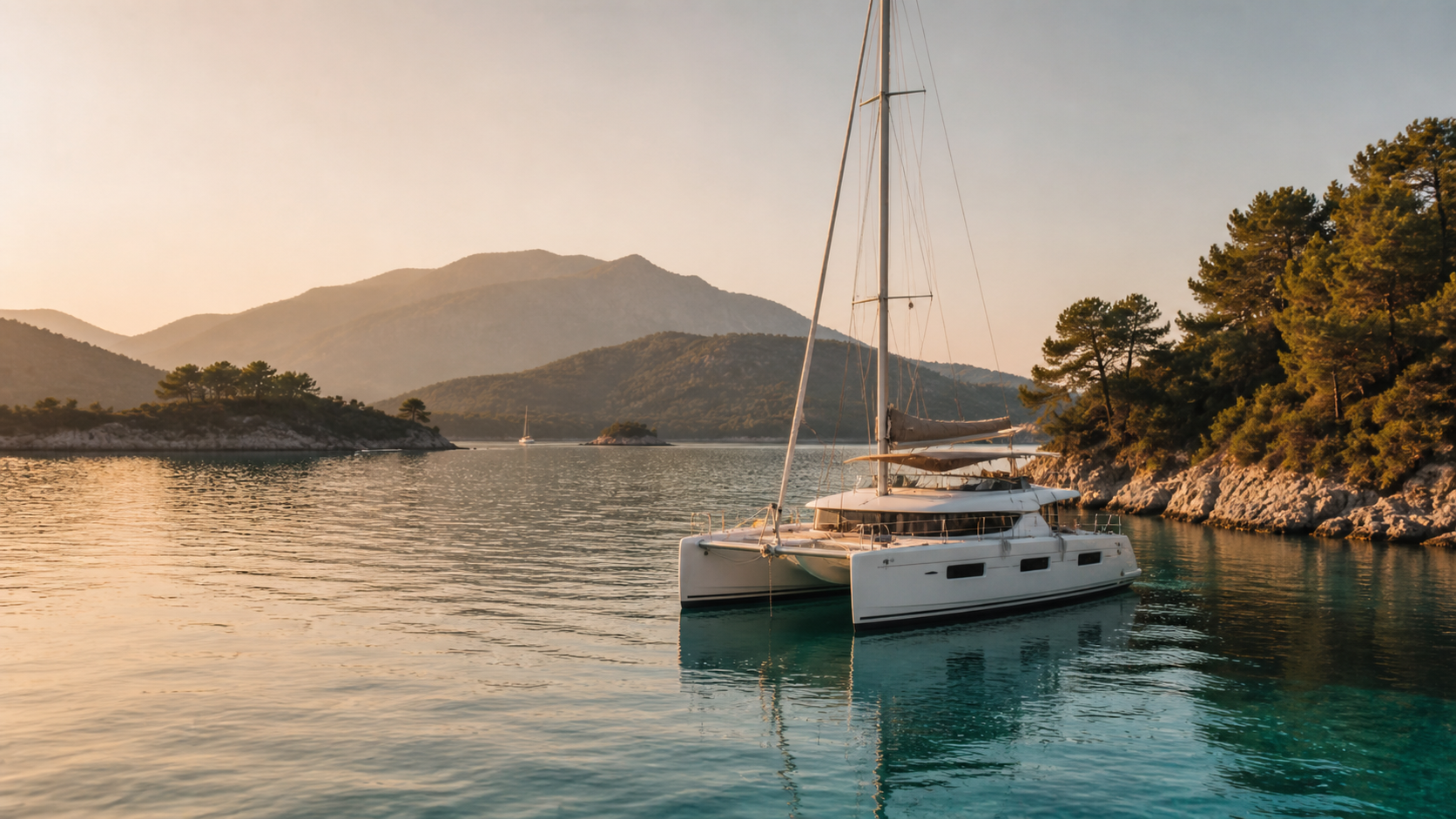 Modern catamaran anchored in a peaceful Turkish bay on the Turquoise Coast, with pine-covered slopes and soft golden evening light.