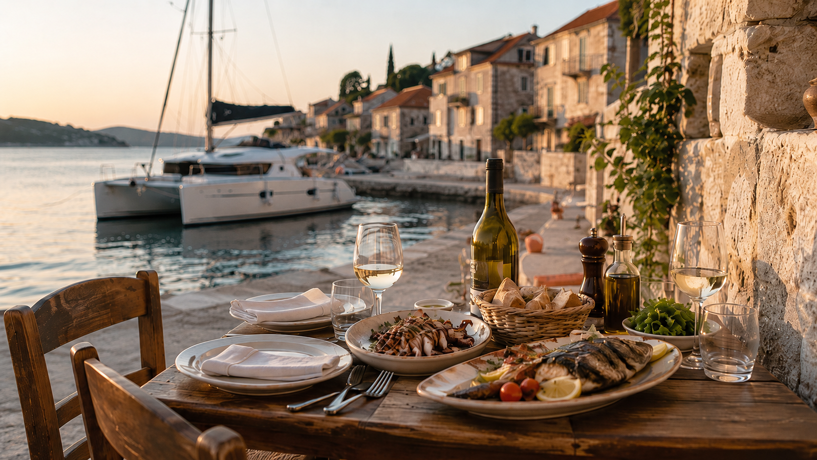 Table at a Croatian waterside konoba with seafood, bread, olive oil and local wine beside a quiet Dalmatian harbour.