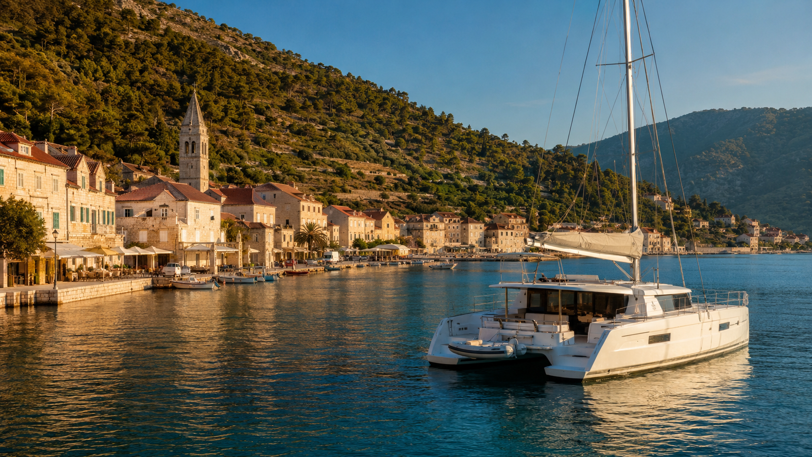 Modern catamaran near a quiet Dalmatian harbour with pale stone buildings, calm Adriatic water and pine-covered Croatian island hills.