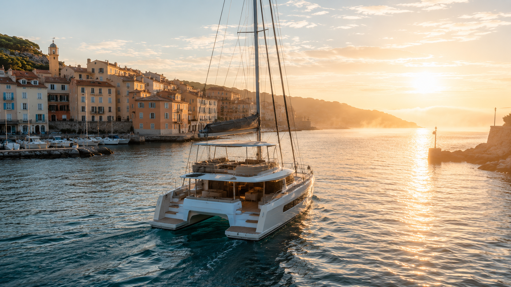 Catamaran departing the South of France harbour