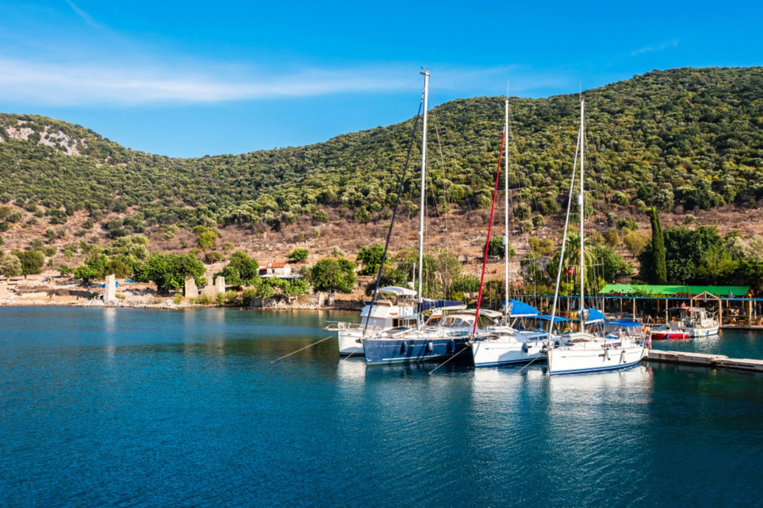 Sailboats docked in a serene harbor with lush green hills and clear blue sky in the background.