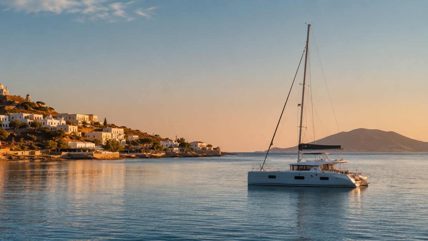 Modern catamaran anchored off a whitewashed Greek island village at sunset, with calm blue water and warm golden light.
