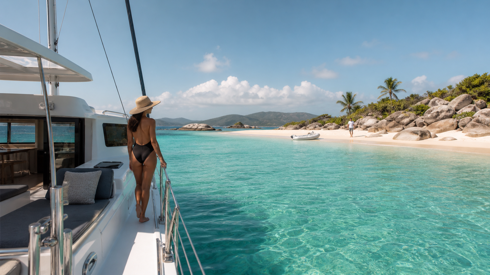 Woman on a modern catamaran looking towards a white-sand beach and turquoise water in the British Virgin Islands