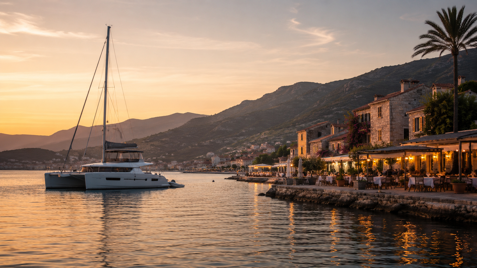 Peaceful evening harbour in southern France with a luxury catamaran, waterfront dining and warm Mediterranean light