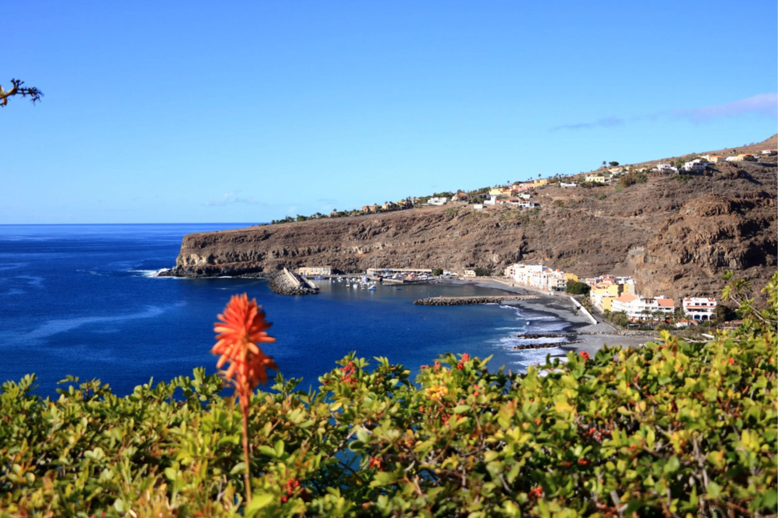 Coastal village with cliffs and a small harbor, surrounded by blue ocean and greenery in the foreground.