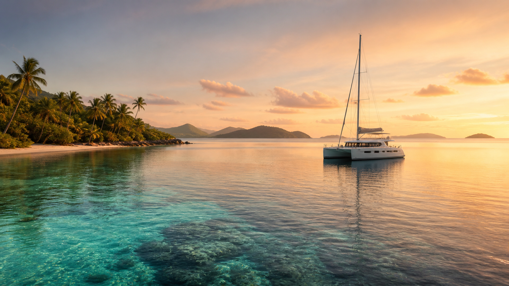 Modern catamaran anchored at sunset near a quiet island shoreline in St Vincent and the Grenadines