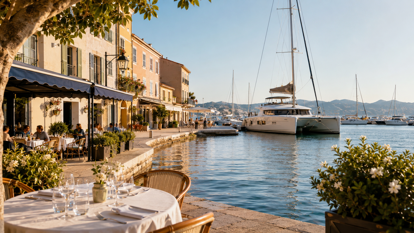 Elegant French Riviera harbour scene with waterfront dining and a catamaran on the Côte d’Azur