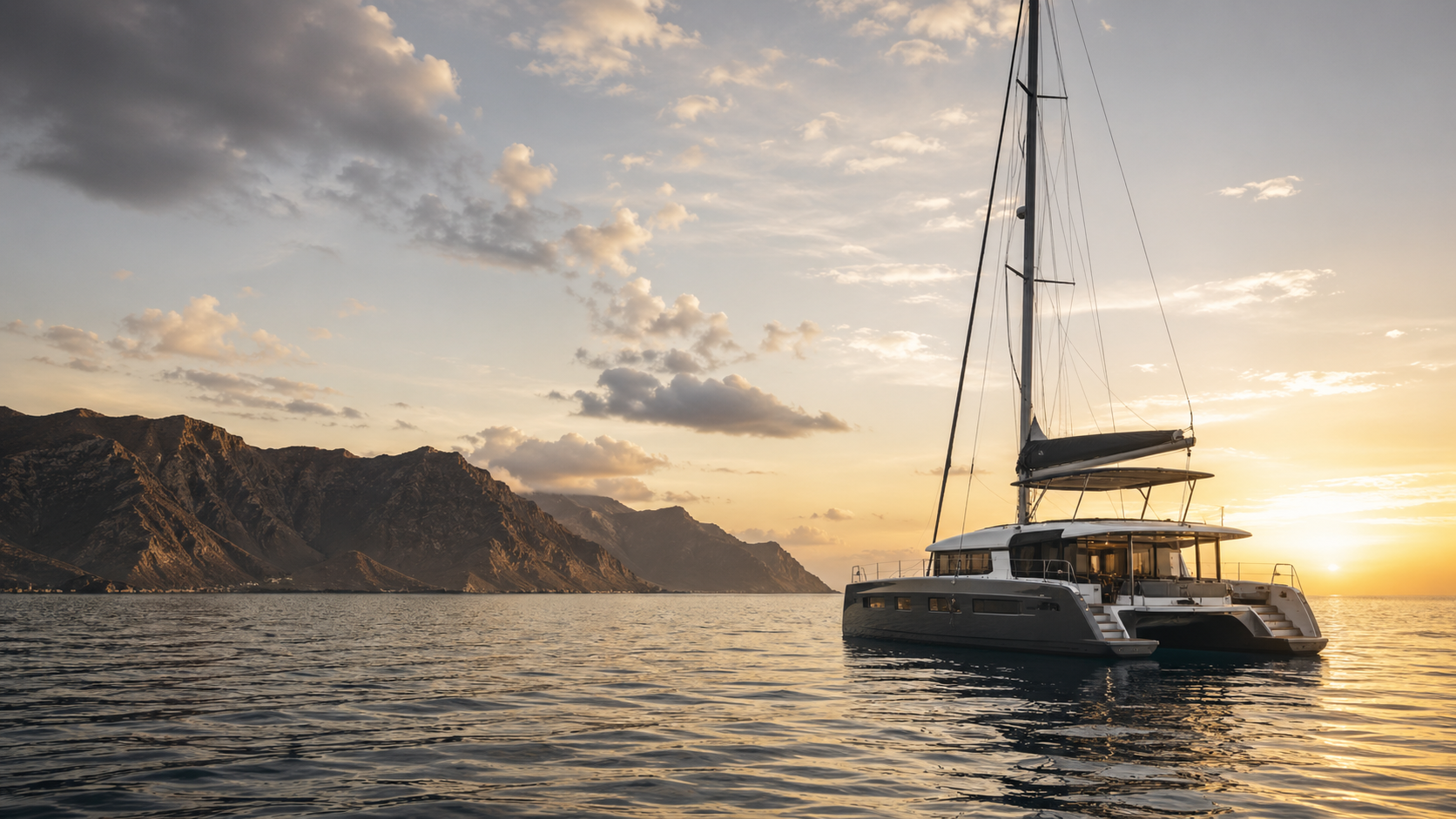 Modern catamaran anchored off a volcanic Canary Islands coastline at sunset with calm Atlantic water.