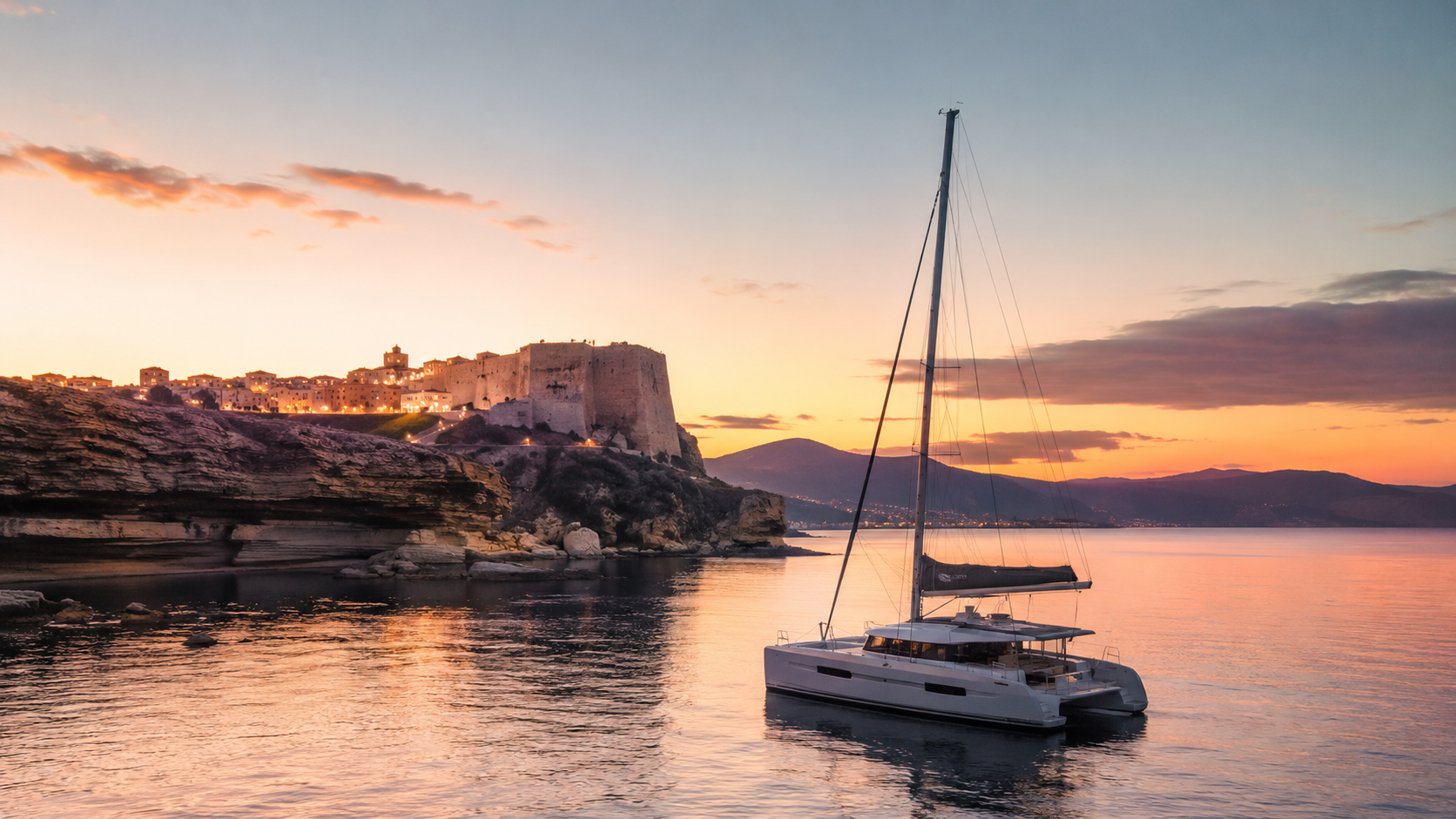 Peaceful evening anchorage in Corsica with a luxury catamaran near a calm Mediterranean shoreline