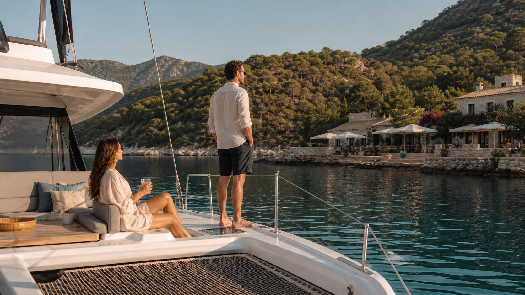 Couple relaxing on a modern catamaran in a quiet Marmaris bay, with pine-covered hills and waterfront dining ashore on Turkey’s Carian Coast