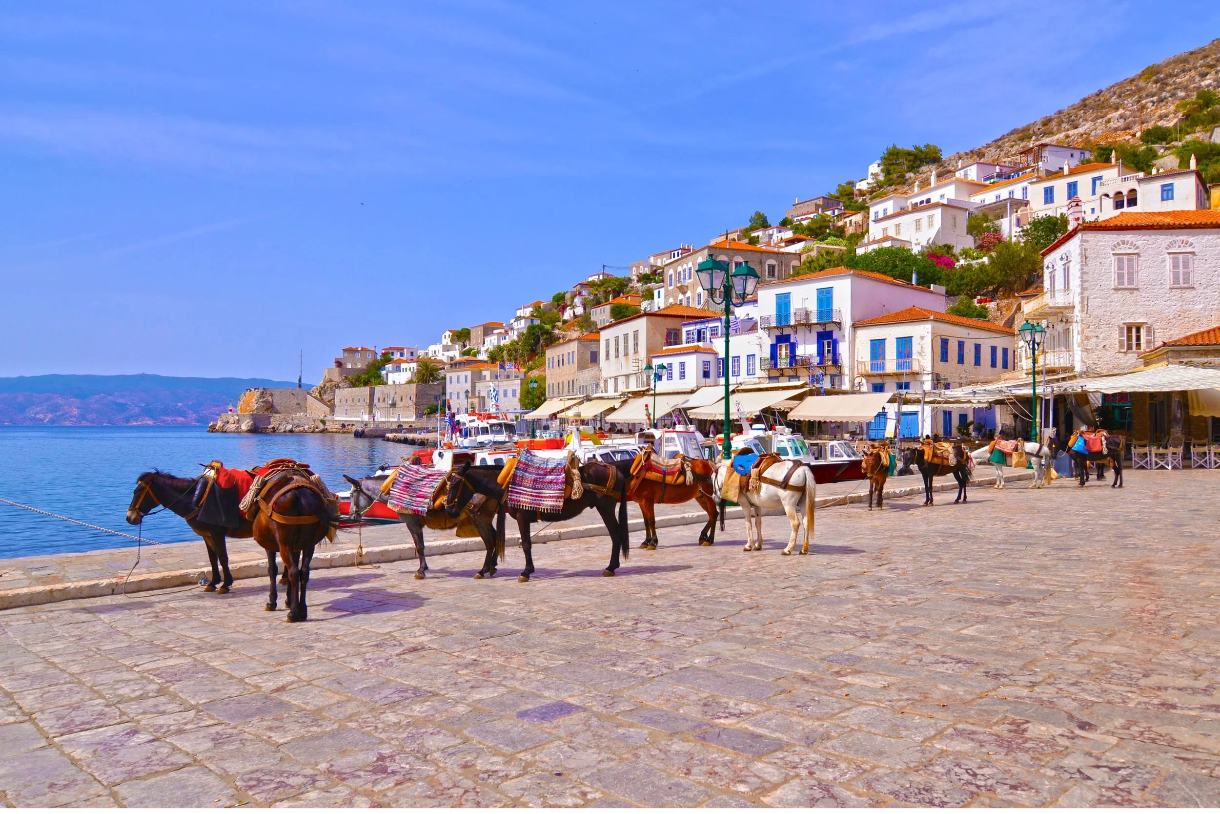 Colorful seaside village with white buildings, blue accents, and red-tiled roofs along the waterfront. Horses are tied up on a cobblestone promenade, with boats docked in the water.
