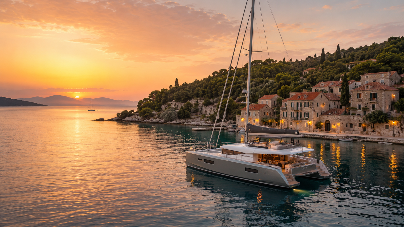 Modern catamaran at anchor in a peaceful Mediterranean bay at sunset
