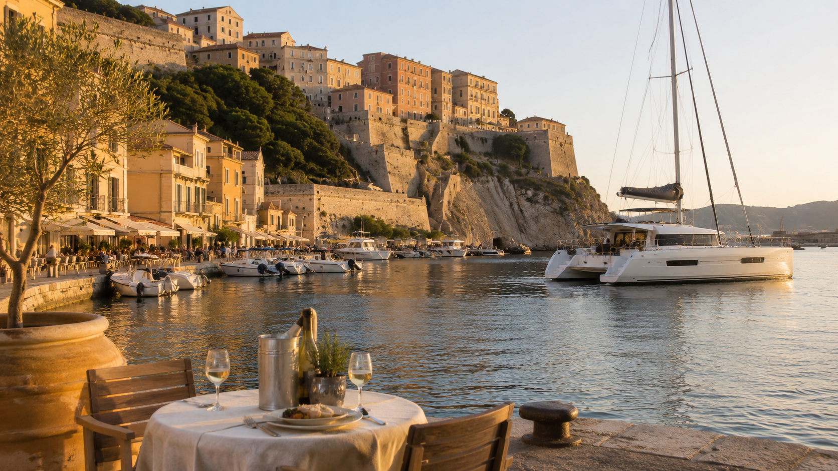 Elegant Corsican harbour scene with waterfront dining and a catamaran in southern Corsica