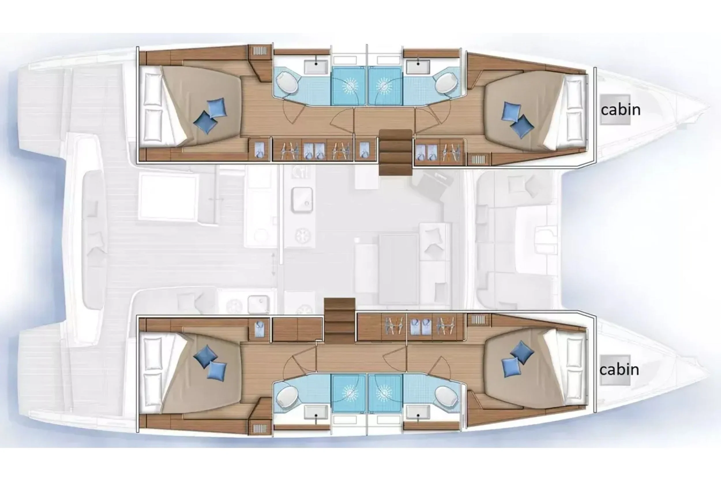 Floor plan of a boat with two cabins, each with a bed, small bathroom, and storage area. The cabins are positioned at opposite ends of the boat, connected by a central area with stairs and additional storage.