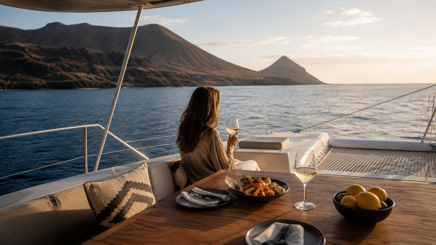 Elegant yacht dining scene off the Canary Islands, with volcanic coastline, Atlantic sea views, fresh fruit and relaxed onboard dining.