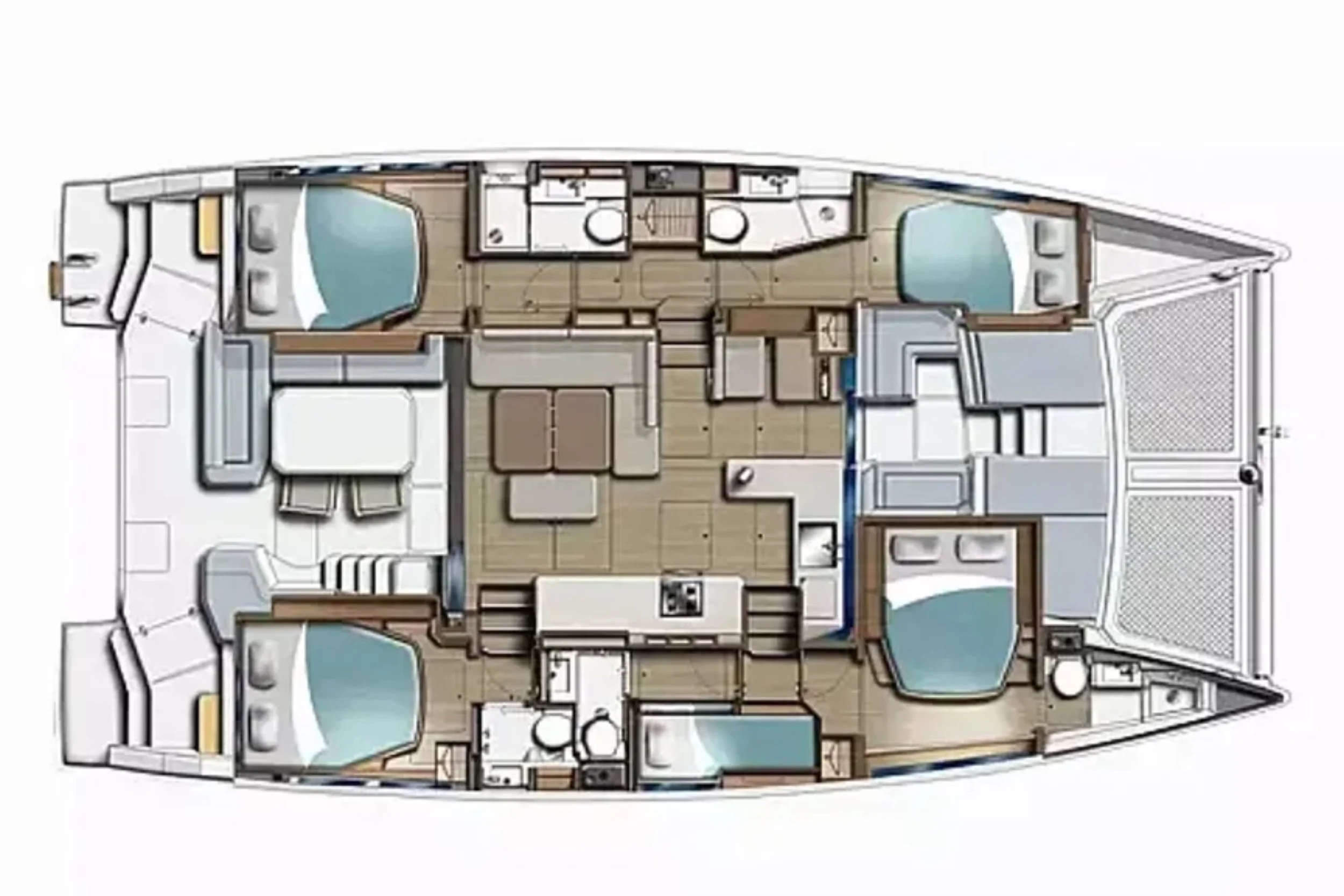 Floor plan of a yacht showing multiple bedrooms, bathrooms, a central living area, and a kitchen.
