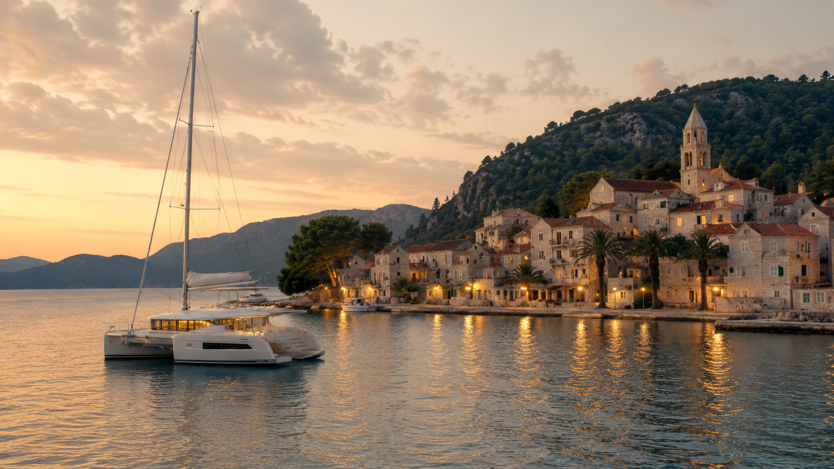 Catamaran at anchor in a peaceful Southern Dalmatian harbour at sunset with stone houses, pine hills and calm Adriatic water.