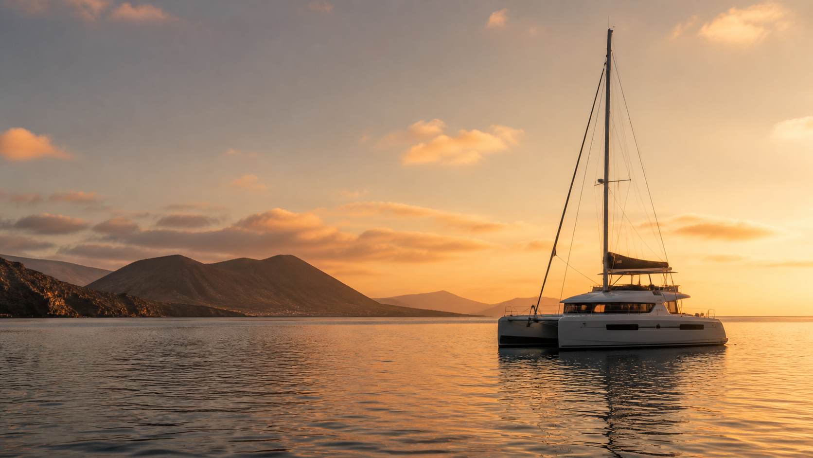 Modern catamaran anchored at sunset near a volcanic Canary Islands coastline, with calm Atlantic water and warm evening light.