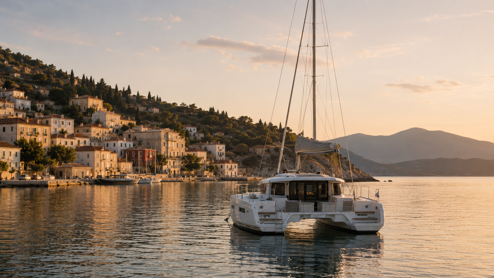 Peaceful Saronic Islands anchorage at sunset with a modern catamaran, calm sea and a serene Greek island harbour setting.