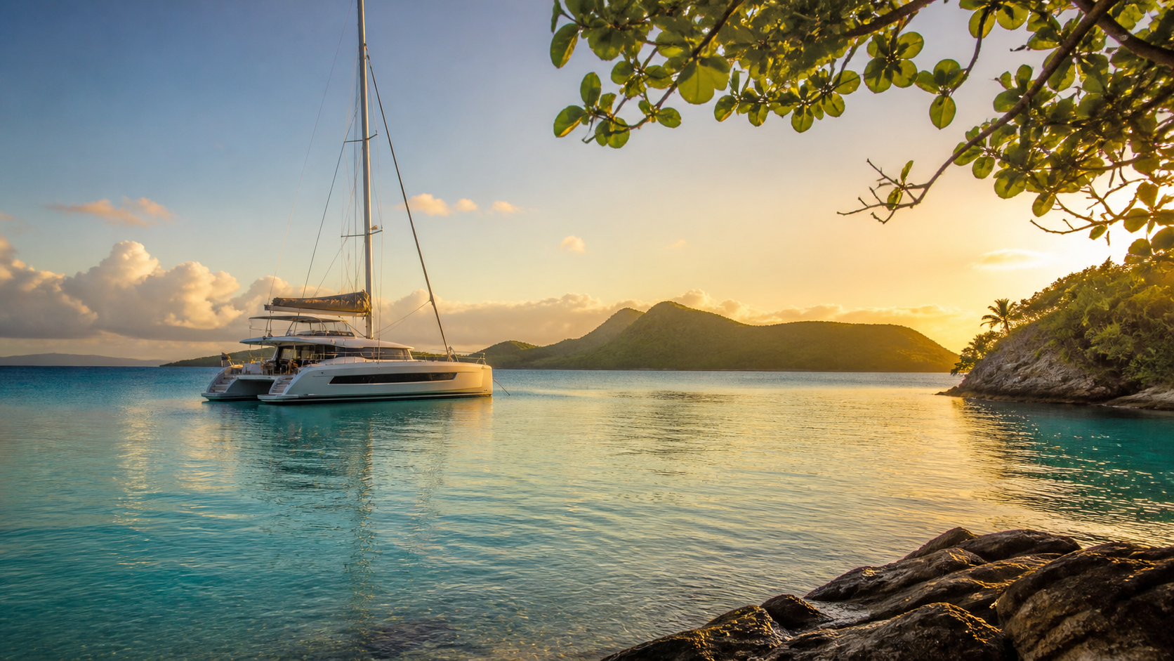 Modern catamaran anchored in a peaceful Caribbean bay at golden hour with calm turquoise water and island hills in the distance