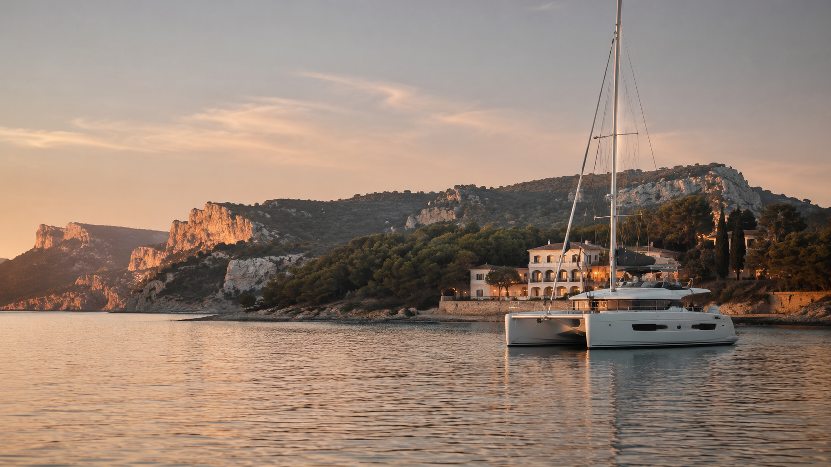 Peaceful evening anchorage in Provence with a luxury catamaran near a calm southern French shoreline