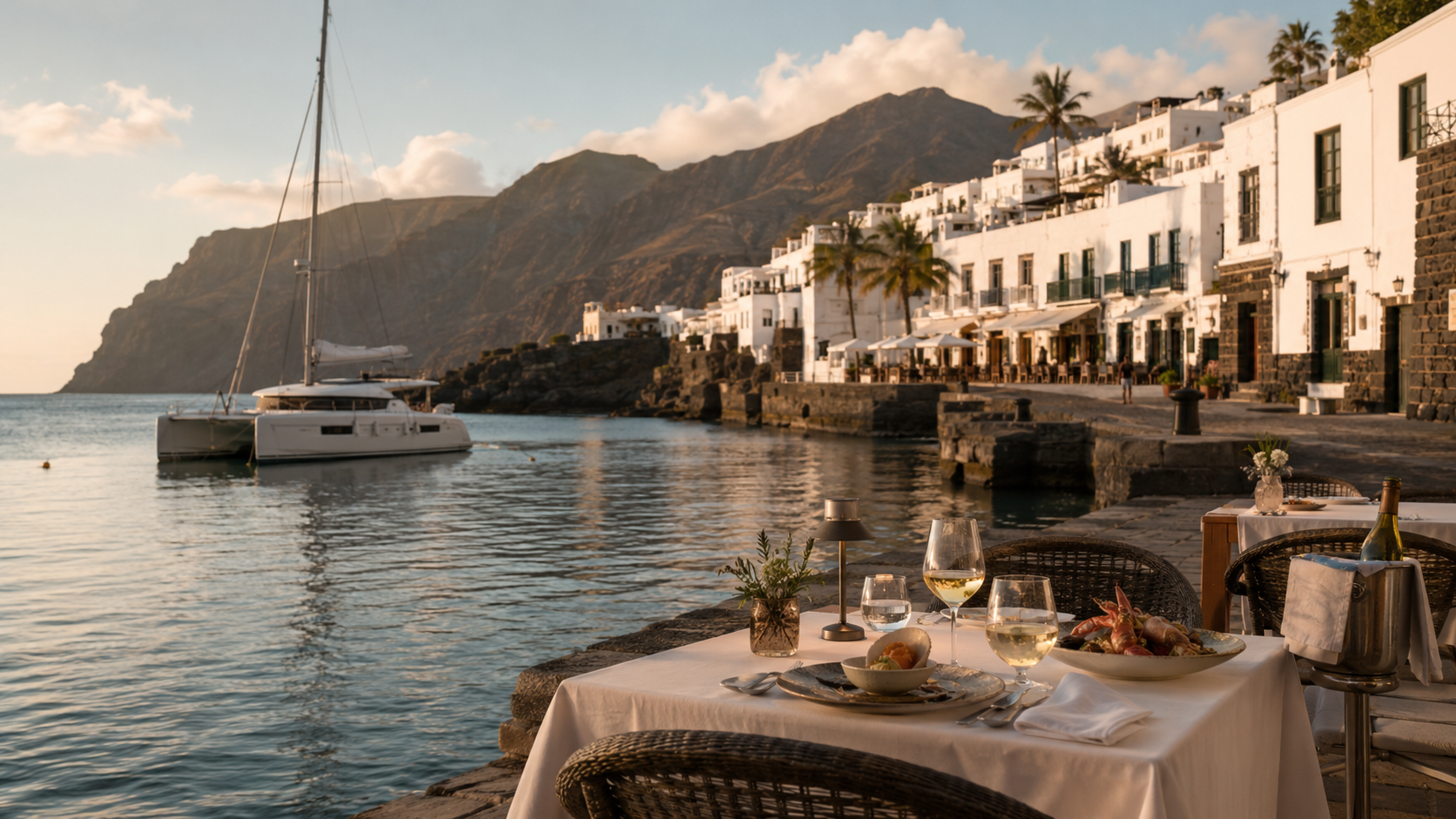 Elegant waterfront restaurant terrace in the Canary Islands with calm harbour water and a catamaran nearby