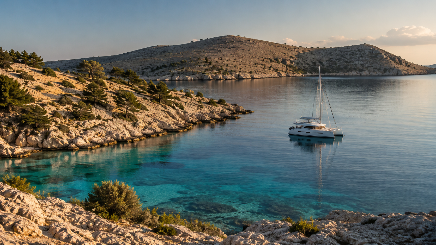 Modern catamaran anchored in calm turquoise water beside the rocky island landscape of Northern Dalmatia near Dugi Otok and Kornati.