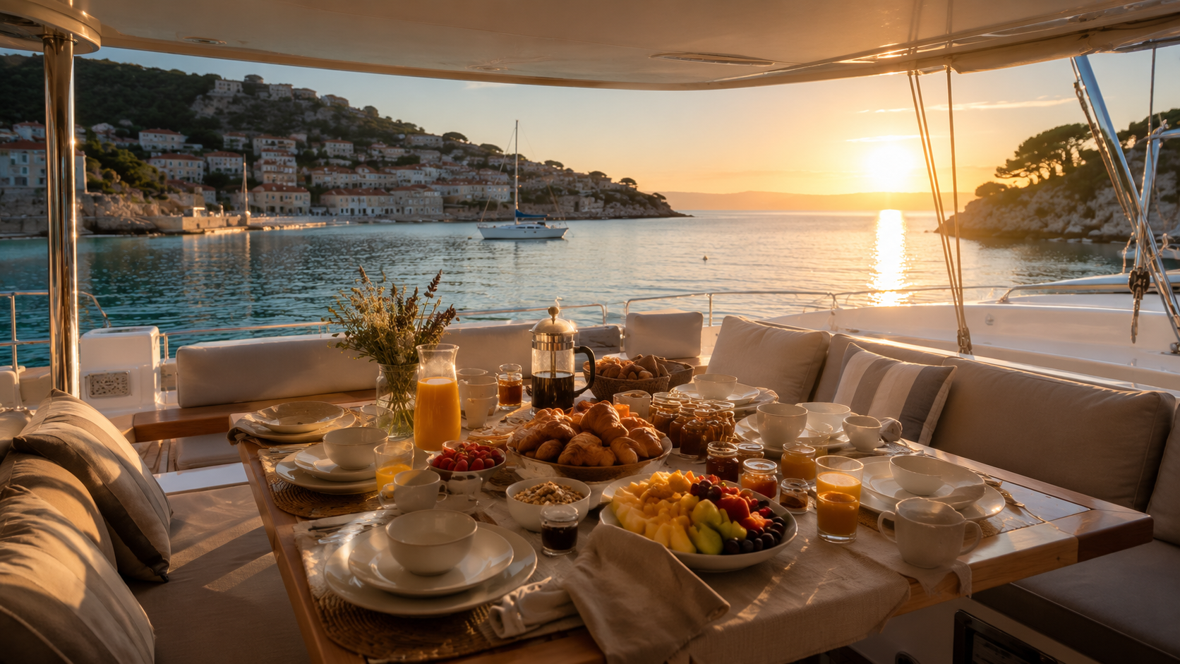Breakfast aboard luxury sailing catamaran