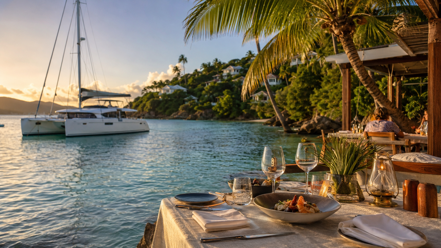 Elegant Caribbean waterfront dining scene with calm tropical water and a catamaran nearby