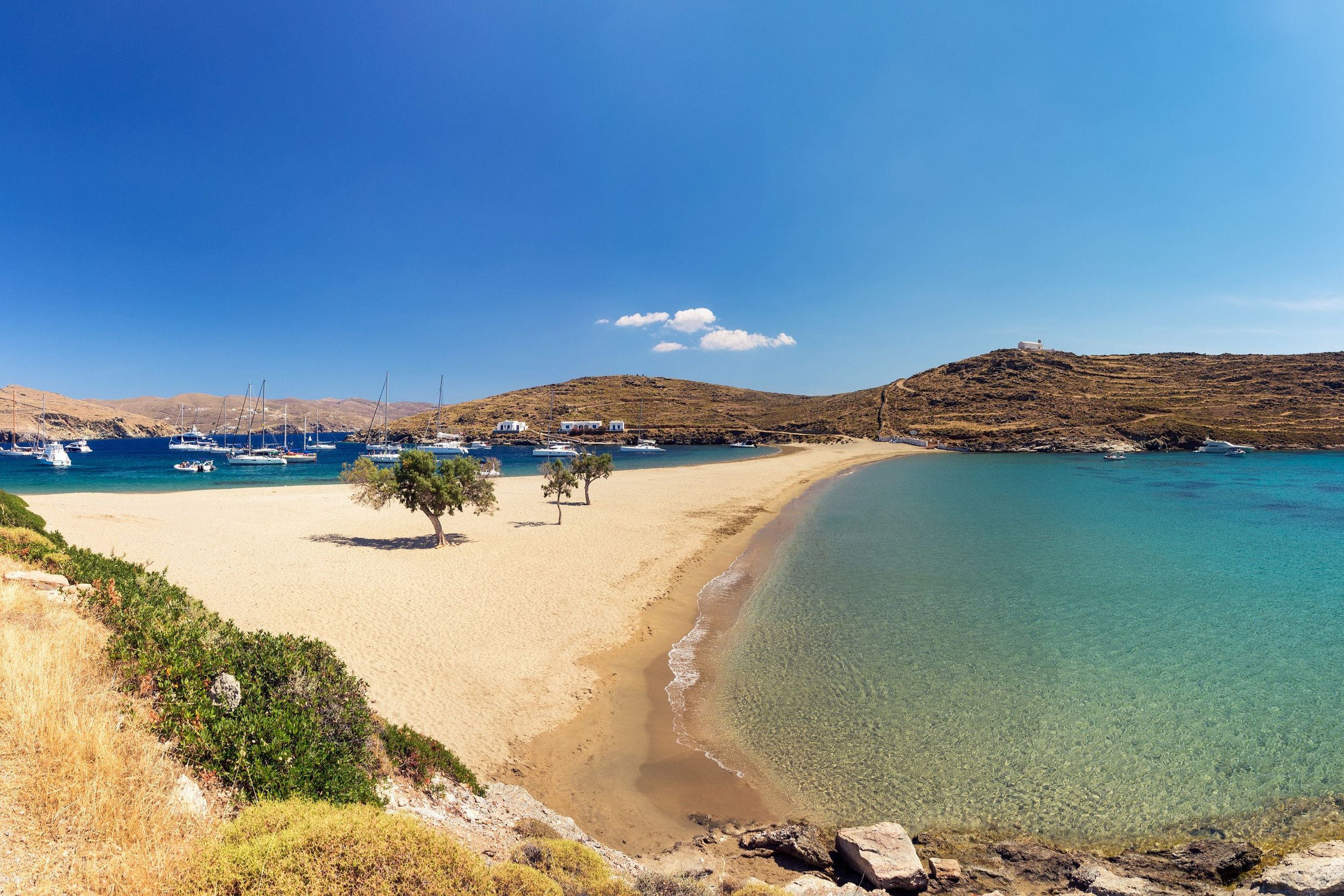A scenic beach with clear turquoise water, white sandy shores, three small trees, and sailboats anchored in the distance under a bright blue sky with a few clouds.