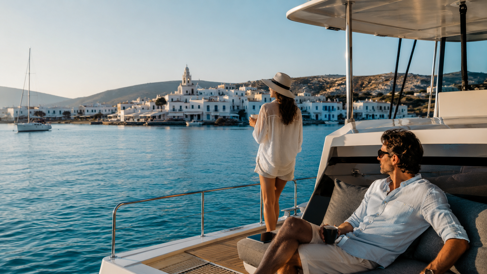 Guests relaxing aboard a modern catamaran in a calm Greek anchorage, with blue water and a whitewashed island village in the distance.