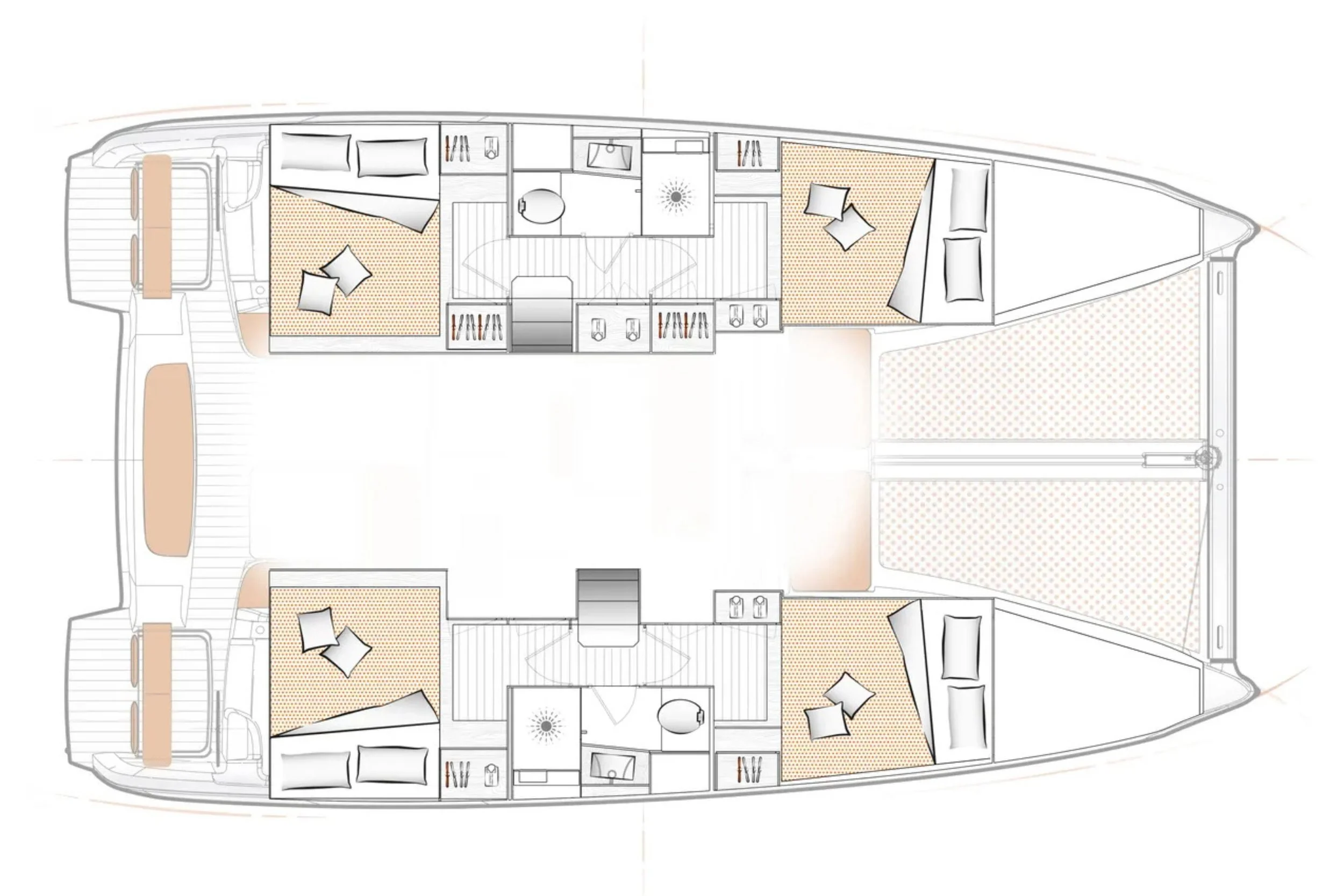 Floor plan of a sailing yacht showing four bedrooms, two bathrooms, and a central open deck area.