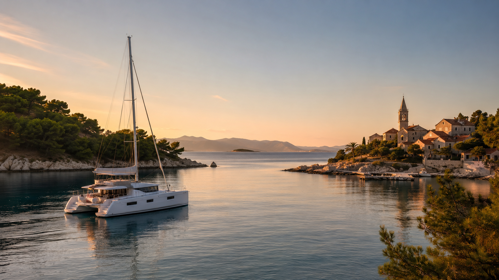 Peaceful Croatian anchorage at sunset with a modern catamaran resting near a quiet island shoreline in the Adriatic.