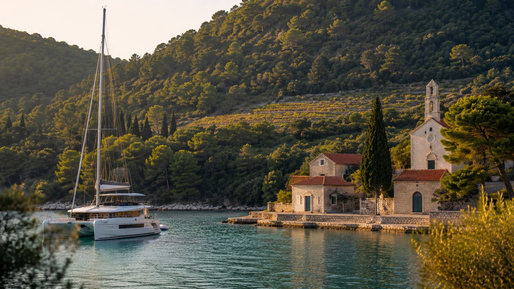 Modern catamaran anchored near a quiet Southern Dalmatian island harbour with pine-covered hills and calm Adriatic water.
