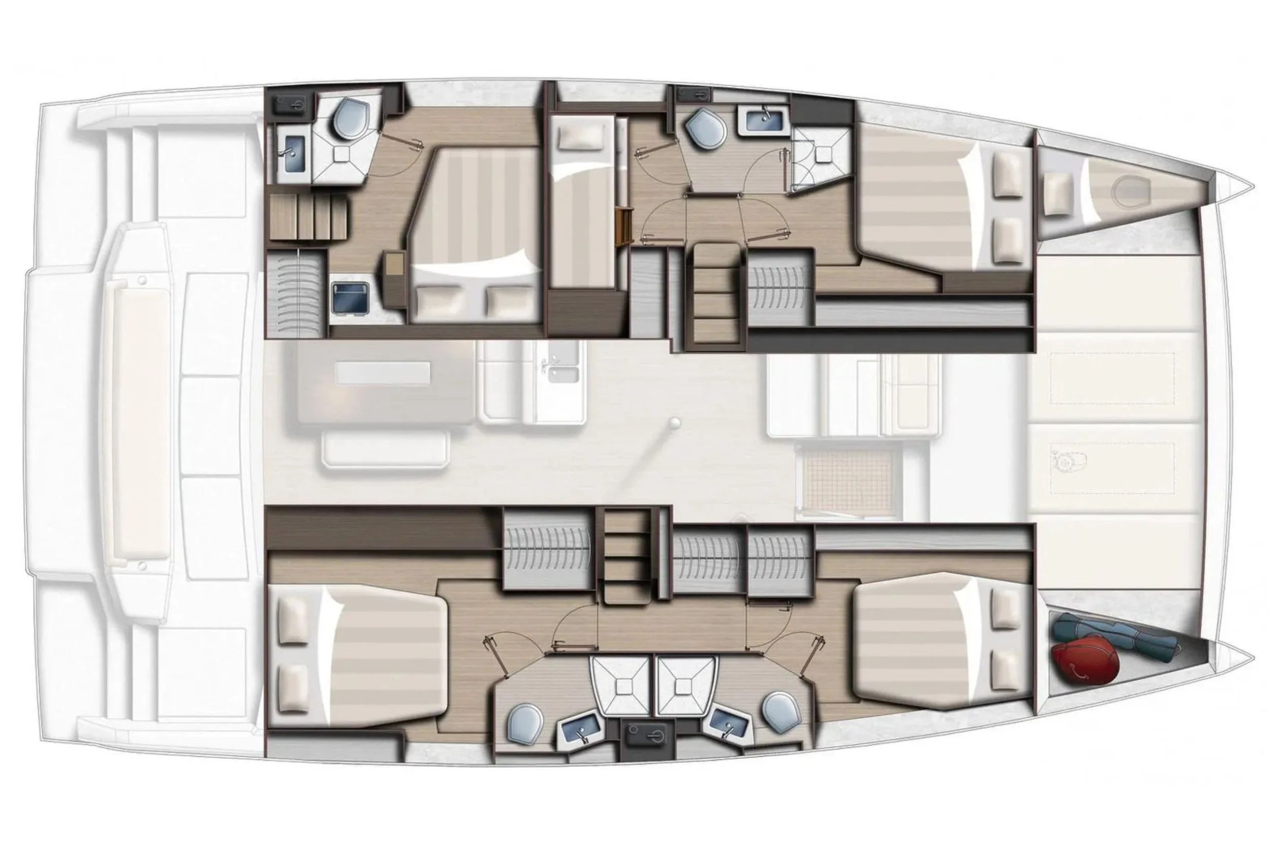 A detailed floor plan of a boat or yacht interior showing multiple bedrooms, bathrooms, and common areas.