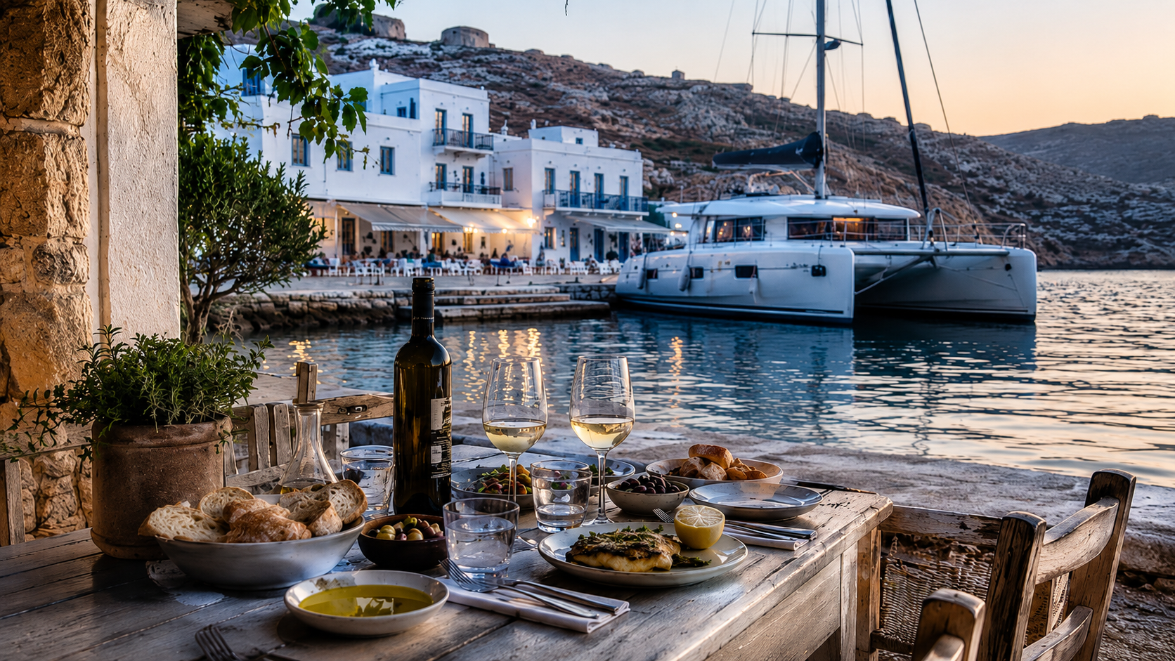 Greek island waterfront dining table with seafood, bread, olive oil and local wine beside a quiet harbour.
